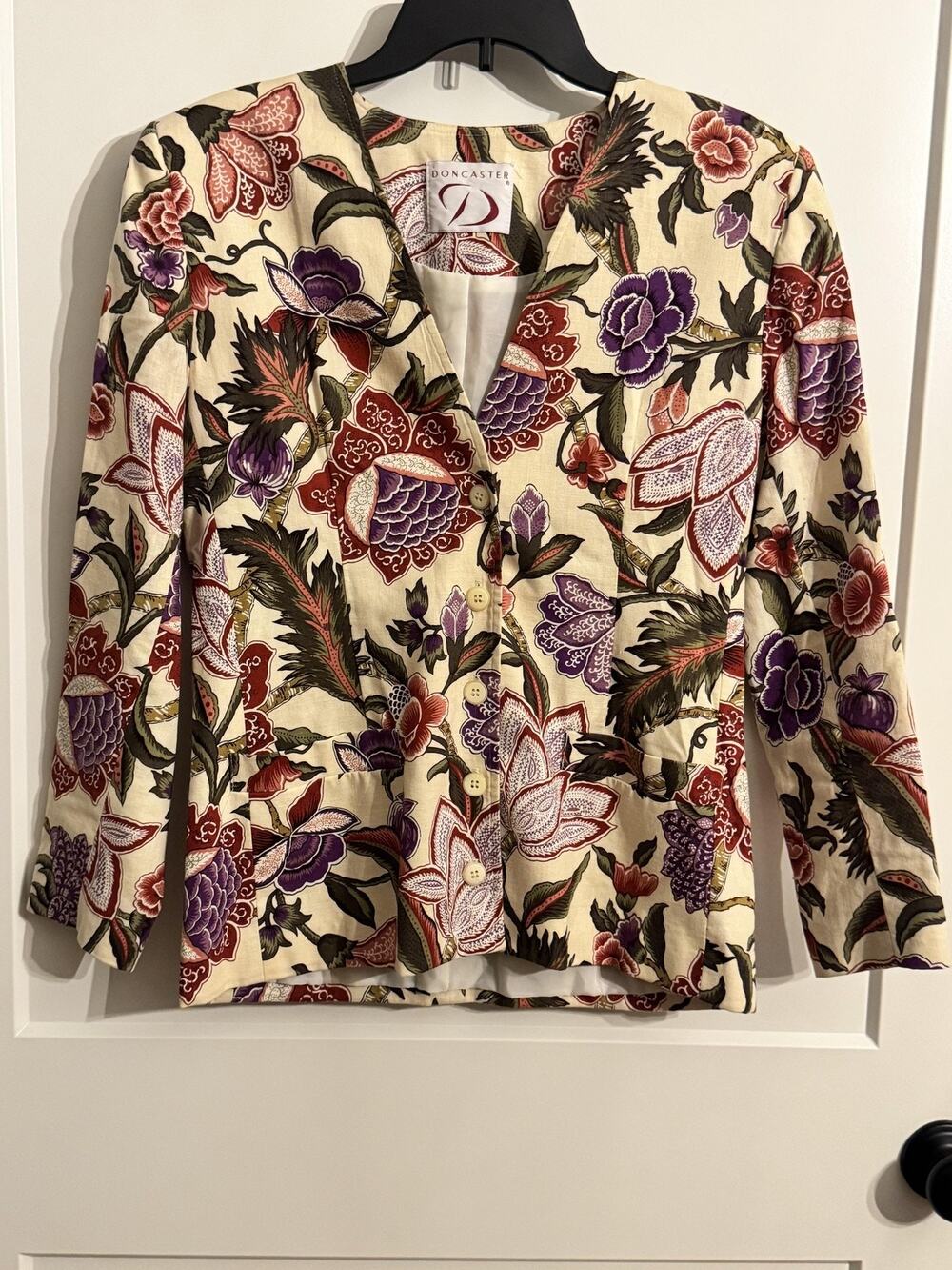 Doncaster Blazer Jacket Sz 8 Multicolor Linen Floral Button Front Vintage Retro